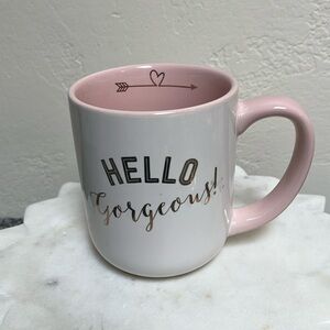 Hello Gorgeous CoffeeMug White/Pink with Gold Letters 16 Oz